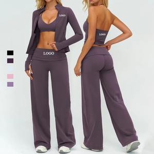 Workout Sets for Women Halter Strappy <b>Sports</b> <b>Bra</b> with Seamless Gym Yoga shorts Outfits <b>White</b> color - Product Image 1