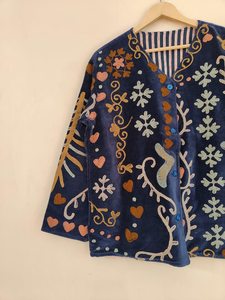 Navy Blue Velvet Suzani Embroidered Winter Jacket Vintage Floral <b>Boho</b> Handmade Cotton Shell Ethnic Gift for Her - Product Image 2