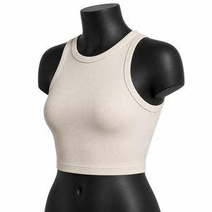 Top Corto Acanalado Beige Personalizado para Mujer, Sin Mangas, para Yoga, Gimnasio, Ropa Deportiva, Venta al Por Mayor OEM - Product Image 3