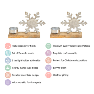 Lot de 2 porte-bougies chauffe-plat en aluminium et bois de manguier, motif flocon de neige argenté, faits à la main, découpés et imprimés, pour la décoration de Noël à la maison - Product Image 2