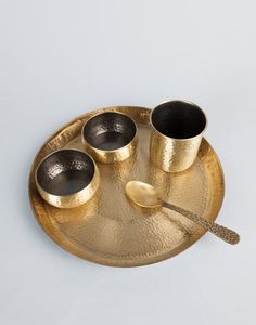Ensemble de Thali en laiton fait à la main de haute qualité avec cuillère à bol à assiette complète polonaise dorée et ensemble de verre pour les repas traditionnels à la maison - Product Image 3