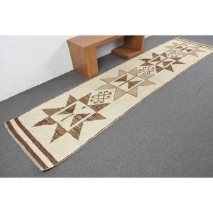 พรมขนสัตว์สีน้ำตาลเบจ11.6ft ชนบทขนาด3.1 x แบบแฮนด์เมดพรมปูพื้นสไตล์ตุรกีขนาดใหญ่สำหรับโถงทางเดินยางสี่เหลี่ยมสำหรับห้อง - Product Image 2