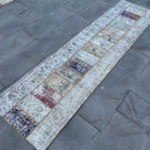 Tapis turc, tapis de couloir vintage 2,1x8 pieds, tapis bleu et blanc style sud-ouest - Product Image 2