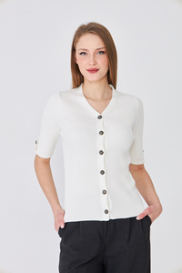 Cárdigan Elegante de Manga Corta para Mujer, Cómodo, Transpirable, de Punto Acanalado, Corte Ajustado, con Botones, Top de Punto para Verano, Estilo Moderno para Damas - Product Image 6