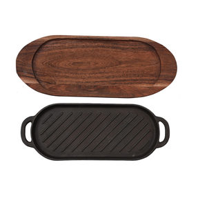 จานซิลเลอร์เหล็กหล่อพร้อมถาดไม้สำหรับเสิร์ฟร้อนบาร์บีคิวย่างและจัดโต๊ะสไตล์ร้านอาหาร - Product Image 6