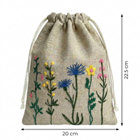 Tas Serut Katun Ramah Lingkungan Bordir Bunga Kuning, Tahan Lama, Dapat Digunakan Kembali, Desain Bordir Stylish, Untuk Menyimpan Barang Kecil, Custom
