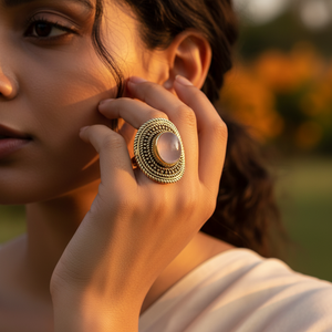 Geometric <b>Cocktail</b> <b>Ring</b> With Smoky Quartz Natural Stone 22k <b>Gold</b> Plated Vintage Bezel Setting Unisex Jewelry - Product Image 2