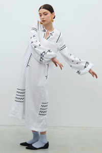 Robe décontractée brodée de fleurs pour femmes 100% coton boutonné longueur au genou avec manches longues taille naturelle tissée - Product Image 5