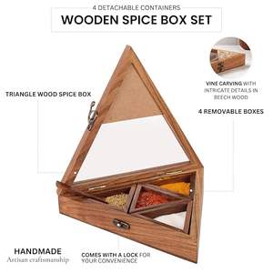 Boîte à épices traditionnelle en bois sculpté, écologique, compartiments séparés, réglage de la finesse, épices de cuisine indienne, faible coût - Product Image 5
