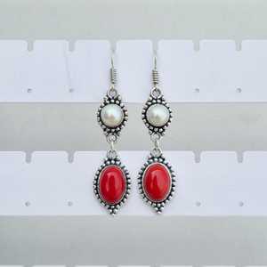 Pendientes de Coral Rojo y Perla con Múltiples Piedras, Plata 925, Hechos a Mano, Cristal, Estilo Boho, Regalo para Ella - Product Image 6
