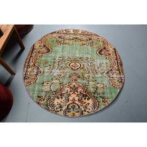 Vintage 4x4ft Green Beige Turkish Wool <b>Rug</b> Classic Large Area Patchwork Abstract Rectangle Pattern for Teen's Room Hallway Latex - Product Image 1