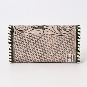 Cartera de cuero triple con borla Floral con acabado antiguo, lujo Vintage, piel de vaca de grano completo, protección RFID tejida a mano larga - Product Image 4