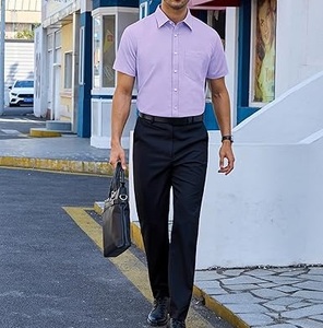 Chemises habillées en flanelle à manches longues à fermeture éclair, coupe ajustée décontractée pour hommes, couleur unie violet, polyester/coton, respirantes - Product Image 4