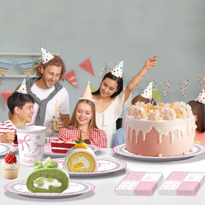 Ensemble de fournitures pour fête d'anniversaire avec nœud rose, vaisselle jetable avec assiettes, gobelets, serviettes, couverts, nappe pour décoration d'anniversaire - Product Image 3