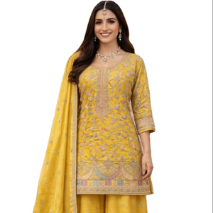 Ensemble Salwar Kameez pakistanais de haute qualité en tissu de soie Chinon Airtex, coupe droite, bordure élégante, avec dupatta assortie, en promotion - Product Image 1