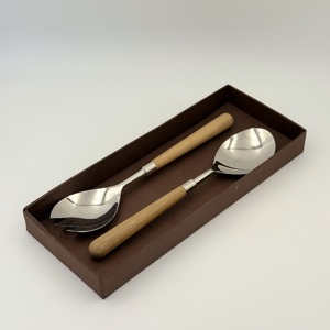 Cuchara para Ensalada de Acero Inoxidable, Cubertería, Cuchara para Ensalada Grande con Mango Largo, Tenedor con Mango de Madera, Juego de Servidores de Ensalada, Cuchara para Servir - Product Image 2