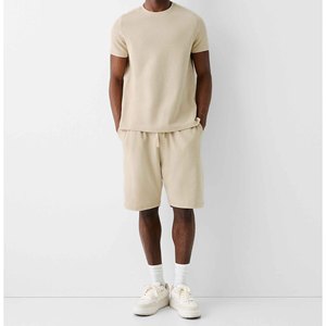 <b>Spark</b> Clothing Men's Beige Crew Neck Knitted T-Shirt Solid Color Casual Summer Wear Breathable Cotton Short Sleeve <b>Top</b> 300g - Product Image 3
