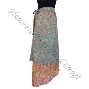 Falda larga reversible de 2 capas Falda de diseñador 2 capas Reversible Magic Silk Saris Wrap Falda larga Sari Wrap - Product Image 4