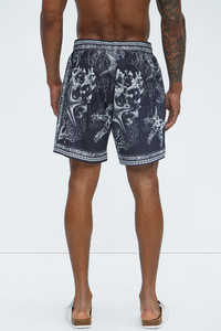 <b>Mens</b> Ocean Themed <b>Black</b> Swim <b>Shorts</b> with Starfish and Coral Print Adjustable Drawstring Waist Quick Dry Fabric Beachwear - Product Image 3