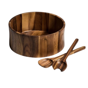 Bol à salade et à fruits en bois rond, fait main, écologique, durable, au design moderne, avec cuillères pour servir, mélanger et organiser des fêtes - Product Image 6