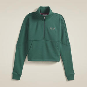 Veste de sport de tennis de couleur vert foncé de haute qualité pour femmes avec col montant et logo de tennis brodé en bas quantité minimale de commande - Product Image 2