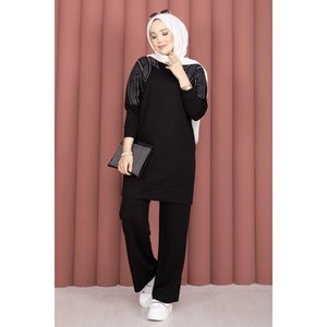 Traje de Pantalón Casual de Dos Piezas Negro para Mujer de Oficina, Túnica con Adornos en los Hombros y Conjunto de Pantalones Cortos XS para el Trabajo - Product Image 3