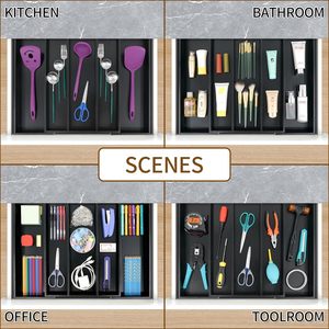 Tiroir de cuisine multifonctionnel en bambou noir Organisateur d'ustensiles et plateau à couverts avec séparateur de tiroir pour argenterie extensible - Product Image 5