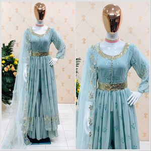 Hermoso diseñador bordado indio Palazzo Sharara Salwar trajes pesados Faux Georgette Net estilo paquistaní ropa de fiesta de boda - Product Image 2