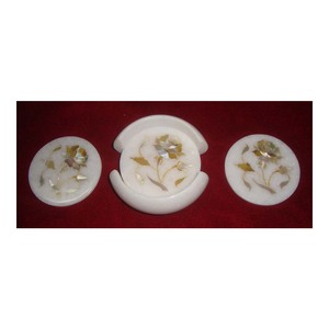 Round Shape Best Quality Handmade Polished <b>White</b> Marble Inlay With Flower Floral Art Design <b>Coaster</b> Set - Product Image 1