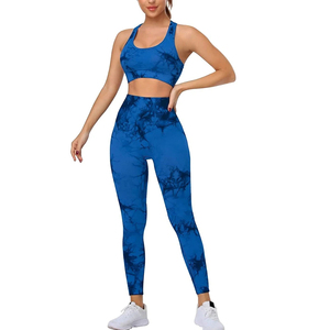 <b>Blue</b> Tie-Dye Yoga Set 2 Piece Sports <b>Bra</b> and High Waist Leggings Full Length Racerback Crop Top for Women Workout Wear - Product Image 1