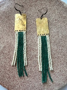 Beautifully Handmade White and <b>Blue</b> <b>Beaded</b> Earrings, Hammered Brass Handmade Earrings - Product Image 2