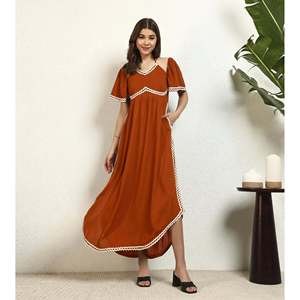 Robe longue décontractée d'été Deebaco pour femme en rayonne, style bohème, avec détails contrastants, col licou cœur, manches courtes, coupe classique, dentelle - Product Image 6