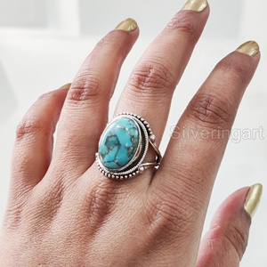 Women's Ring Natural Blue <b>Copper</b> Turquoise Gemstone December Birthstone Bohemian <b>Band</b> Handmade Jewelry 925 Sterling Silver Ring - Product Image 4