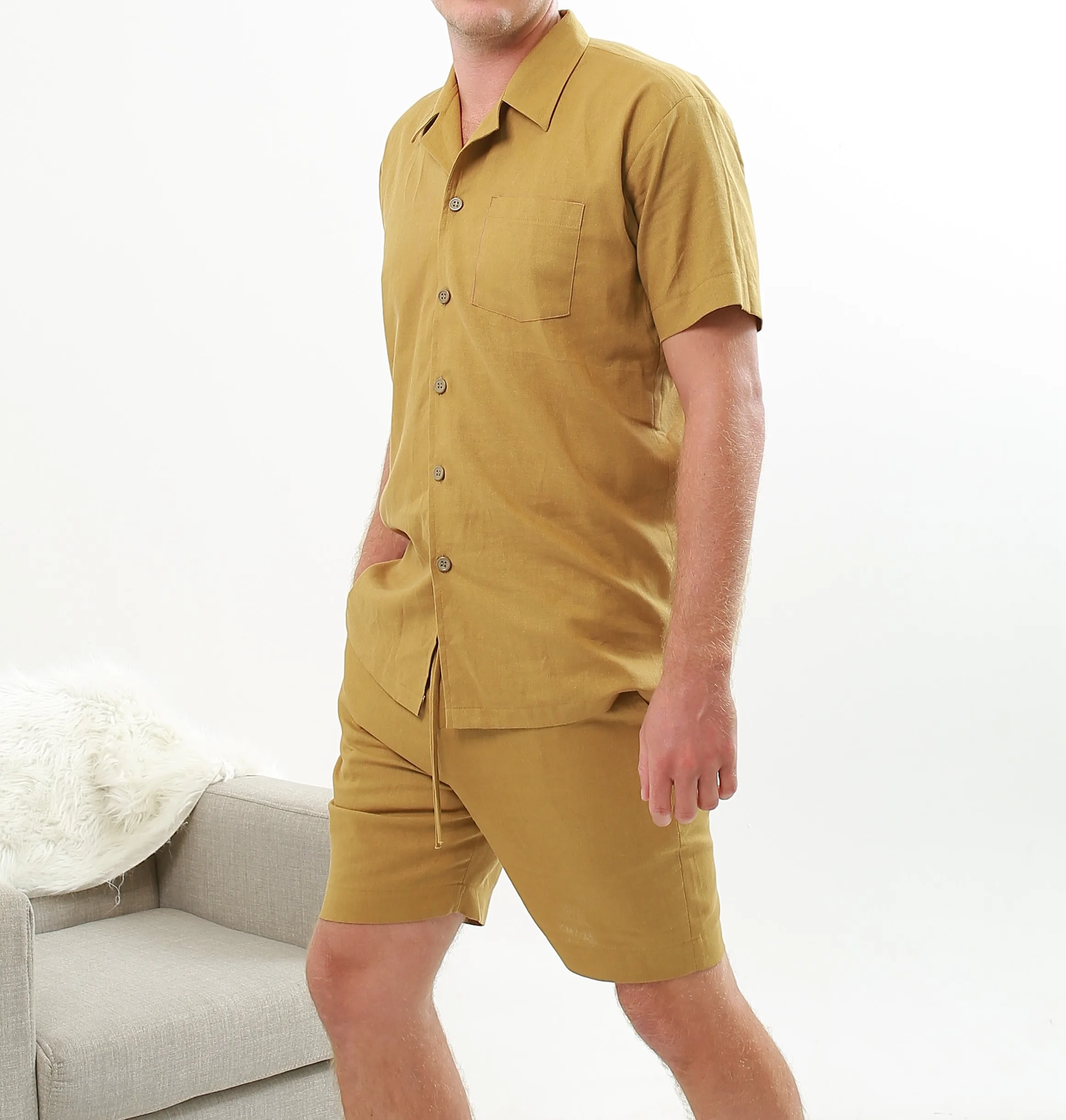 Summer Linen Shirt Set Men's Casual Outdoor 2-Piece Suit Andhome Clothes Pajamas Comfy casual wear