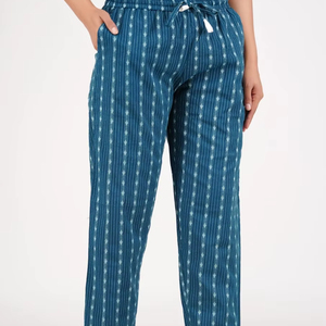 Pyjama long en tissu de coton pour femmes et filles pyjama bleu respirant avec taille élastique style imprimé décontracté pour l'été - Product Image 1