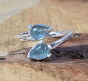 Aqua <b>Tourmaline</b> Sterling Silver Adjustable Ring Boho Gemstone Jewelry Rhodium Plated Luxury US Size 9 Handmade Gift for Women - Product Image 3