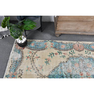 พรมตุรกีโบราณ4.4 x 8.1ft ฟ้าสีเบจปะต่อดีไซน์ทำด้วยมือผ้าขนสัตว์ยางรองสำหรับวัยรุ่นห้องนั่งเล่นห้องโถงสี่เหลี่ยมผืนผ้า - Product Image 5