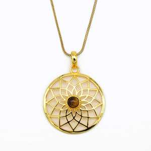 New Fashion Pendant Boho Geometric Necklace Women Brass Mandala Jewelry 18k Gold Plated Tiger Eye Pendant For Wholesale/OEM/ODM - Product Image 1
