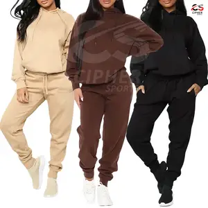 Setelan celana Jogger Crop Top katun organik kustom wanita Sweatshirt 2 potong setelan joging Set Hoodie Tracksuit