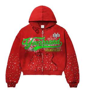 Sweat à capuche court avec strass lourds, style streetwear, vintage, délavage acide, impression personnalisée, sweat à capuche zippé délavé - Product Image 3