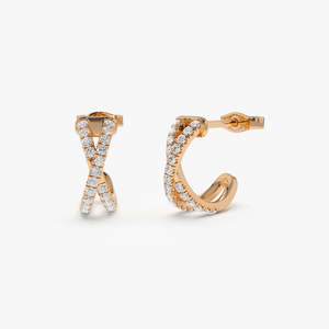 Boucles d'oreilles en or 14 carats 2026, pavé de diamants croisés, forme moderne en X, designer, VS 0,35 carats, diamants naturels, demi-cercle en forme de X - Product Image 3