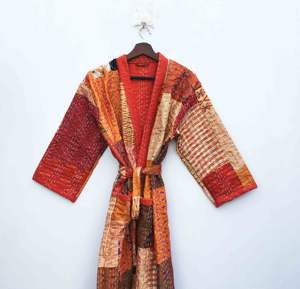 Chaqueta Boho Kantha de Algodón y Seda Hecha a Mano, Ligera, Bata de Algodón y Seda Simple para Mujer, Moda Femenina - Product Image 2