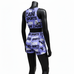 Ensemble short et haut pour femme en tissu extensible polyester élasthanne 220 GSM, violet, noir, blanc, avec logo imprimé par sublimation, ensemble short en coton pour femme - Product Image 5