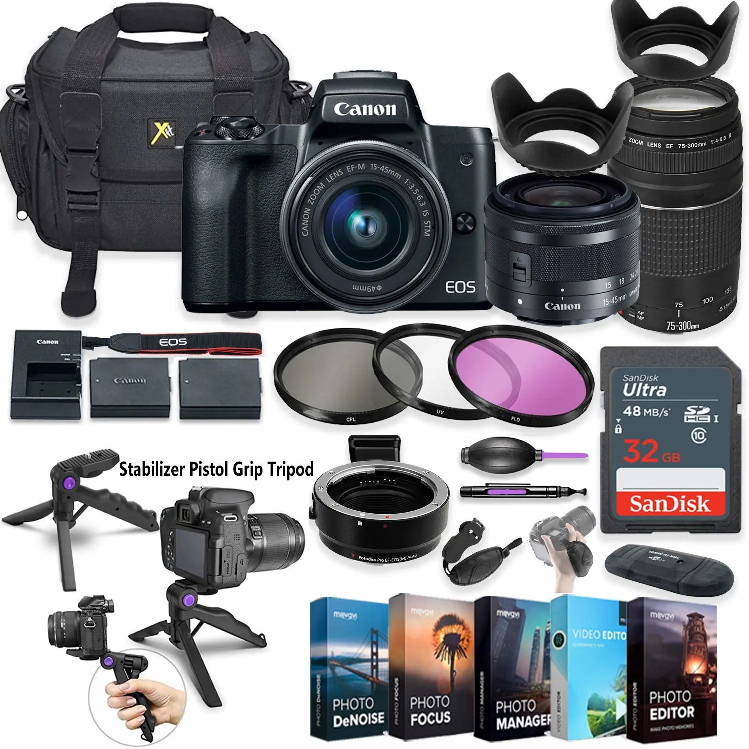 Kamera Digital tanpa cermin dengan lensa 15-45mm (hitam) + EF 75-300mm f/4-240/5.6 III lensa + 5 foto/Video pengeditan paket perangkat lunak Acc