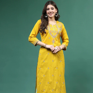 Ensemble Kurta Kurti Palazzo pour femmes, couleur moutarde, coton, col en V, manches longues, broderie, coupe évasée, dernière mode ethnique - Product Image 1