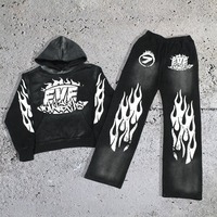 Conjunto de sudadera con capucha y pantalones de chándal de invierno de peso pesado, estilo vintage, con lavado ácido personalizado, estilo urbano Harajuku, oversize, con serigrafía y colores lisos