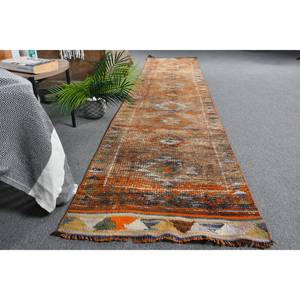 Tapis turc Vintage Bohème Marron Orange Patchwork Design 2.3x11.3 pieds Tapis de chevet Laine avec support en Latex pour chambre à coucher - Product Image 4