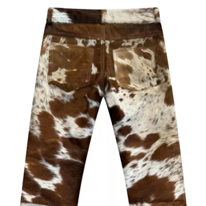 Pantalones de Cuero Vacuno Auténticos para Mujer, Hechos a Mano, Pantalones de Invierno con Cintura Alta, Frente Plano y Diseño de Estampado de Vaca - Product Image 4