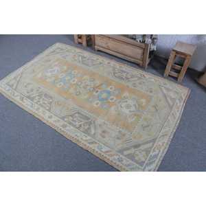 Tapis turc vintage en laine 3,7x6,3 pieds gris bleu patchwork avec envers en latex - Product Image 4