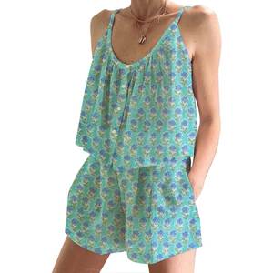 ชุดนอนขาสั้นผ้าฝ้ายพิมพ์ลายบล็อกวินเทจทำมือจากอินเดีย ชุดนอนสายเดี่ยวลายดอกไม้สำหรับฤดูใบไม้ผลิ/ฤดูร้อน - Product Image 1